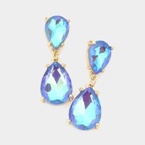 Aqua Blue Gold Dangle Crystal Teardrop Earrings 1.4 Inch Evening Drop Link Women